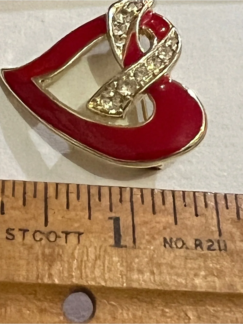 Red Heart Enamel Brooch Clear Rhinestones